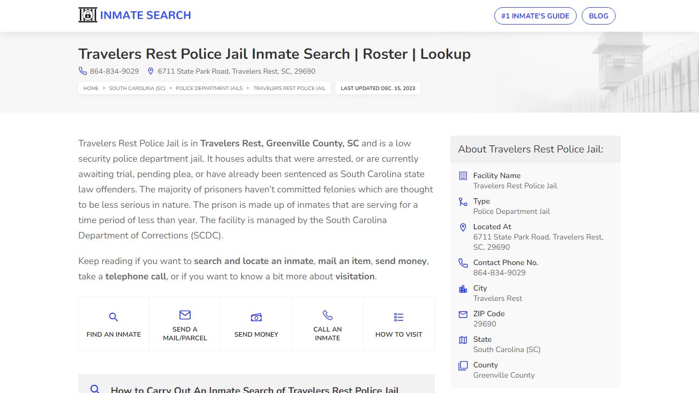 Travelers Rest Police Jail Inmate Search | Roster | Lookup